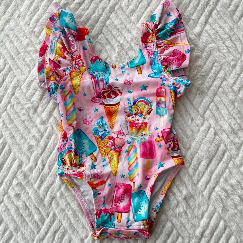 Posh Peanut Girls 12-18M Ice Cream Popsicle Ruffle One Piece Swimsuit Pink